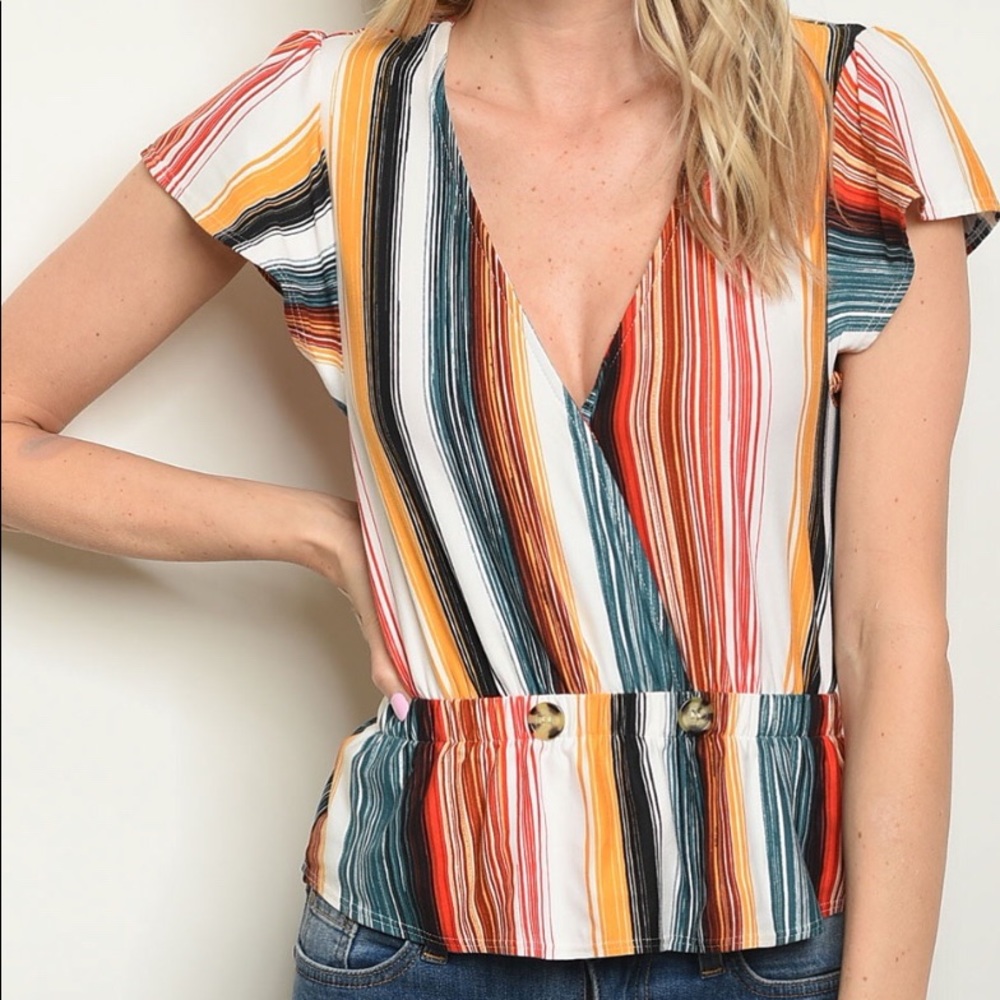 ❌DONATED❌Multicolor Blue Stripe Deep V-neck Elastic Waist Top - Picture 2 of 8
